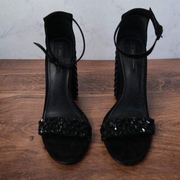 ZARA Woman Black Embellished Block Heels – Size 38 (US 7.5) - Picture 3 of 6